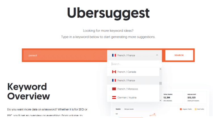 Ubersuggest est disponible dans de nombreuses langues
